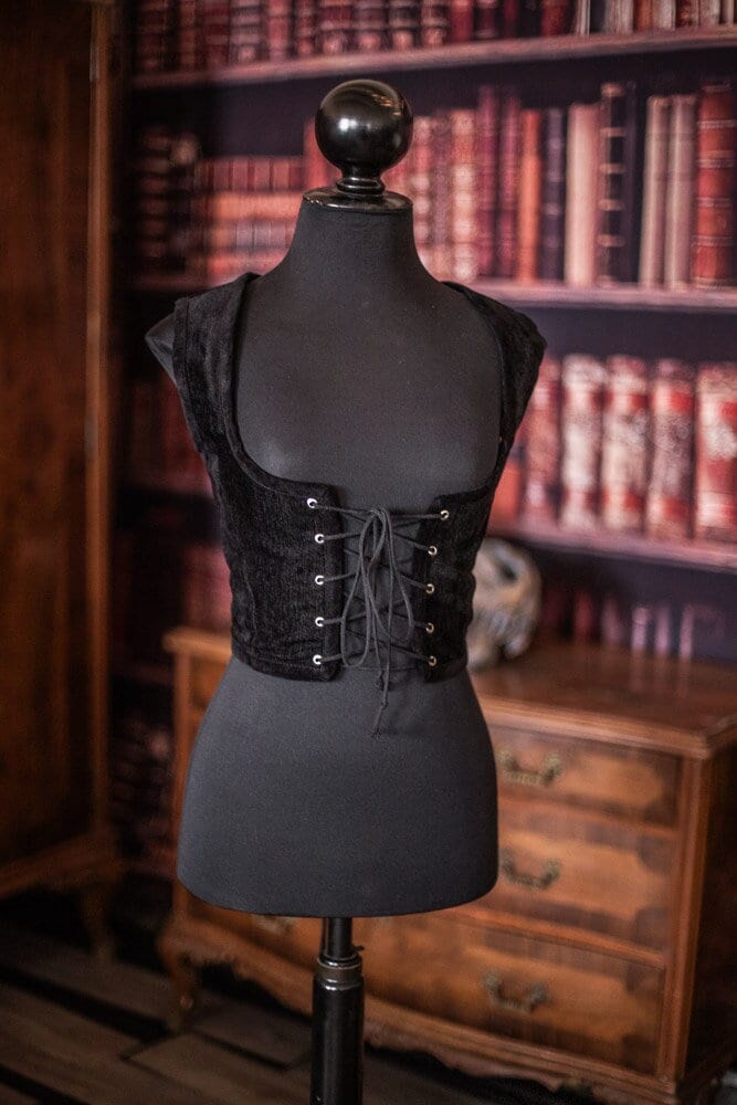 Black Velvet Corset bodice, Tapestry fabric Victorian Gothic corset vest, dark academia circus pirate costume cottagecore style corset vest