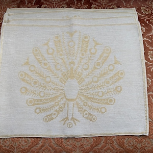 Vintage Placemats 4 Tampella Dora Jung Peacock Golden Yellow and Cream Finland Linen Pikkuliinoja, Jacquard Damask 888/2, Animal Home Decor