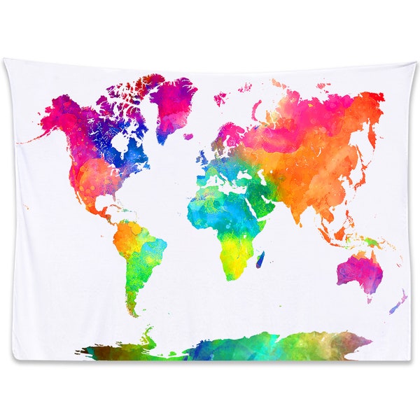 World Map Tapestry Watercolor Tapestry Map - Tapestry of the World Pink Blue White Tapestries. Colorful Wall Hanging Earth Globe Tapestry