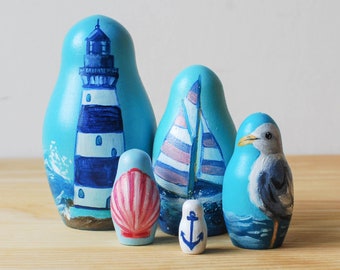 Marine Matryoshka Toy // Hand Painted Nautical Nesting Toy for Kids // Ocean Russian Dolls / Wood