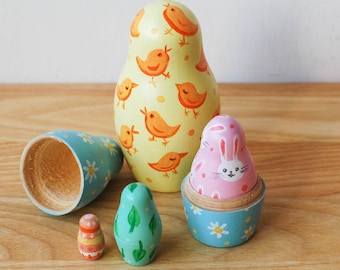 Spring Matryoshka Toy // Hand Painted Easter Egg Nesting Toy for Kids // Mind Puzzles for Children / Wood