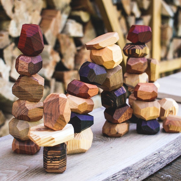 Natural Wooden Balancing Stones // Wood Rocks // Wood Stones // Pile of Wood Stones // Montessori Toy