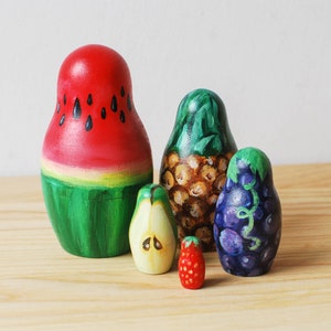 Fruity Matryoshka Toy // Hand Painted Watermelon Pineapple Nesting Toy for Kids // Fruit Russian Dolls / Wood image 1