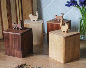 Loose Leaf Tea Container / Handmade Wooden Kitchen Box with Cat Decor / Storage Wooden Jar