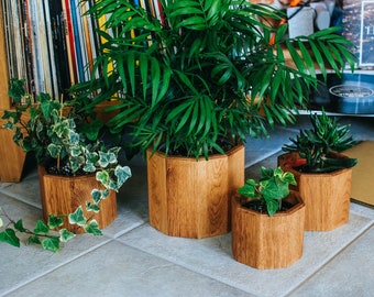 Wooden Indoor Planter // Oak Wood Hexagon Planter // Hand crafted Plant Pot Cover