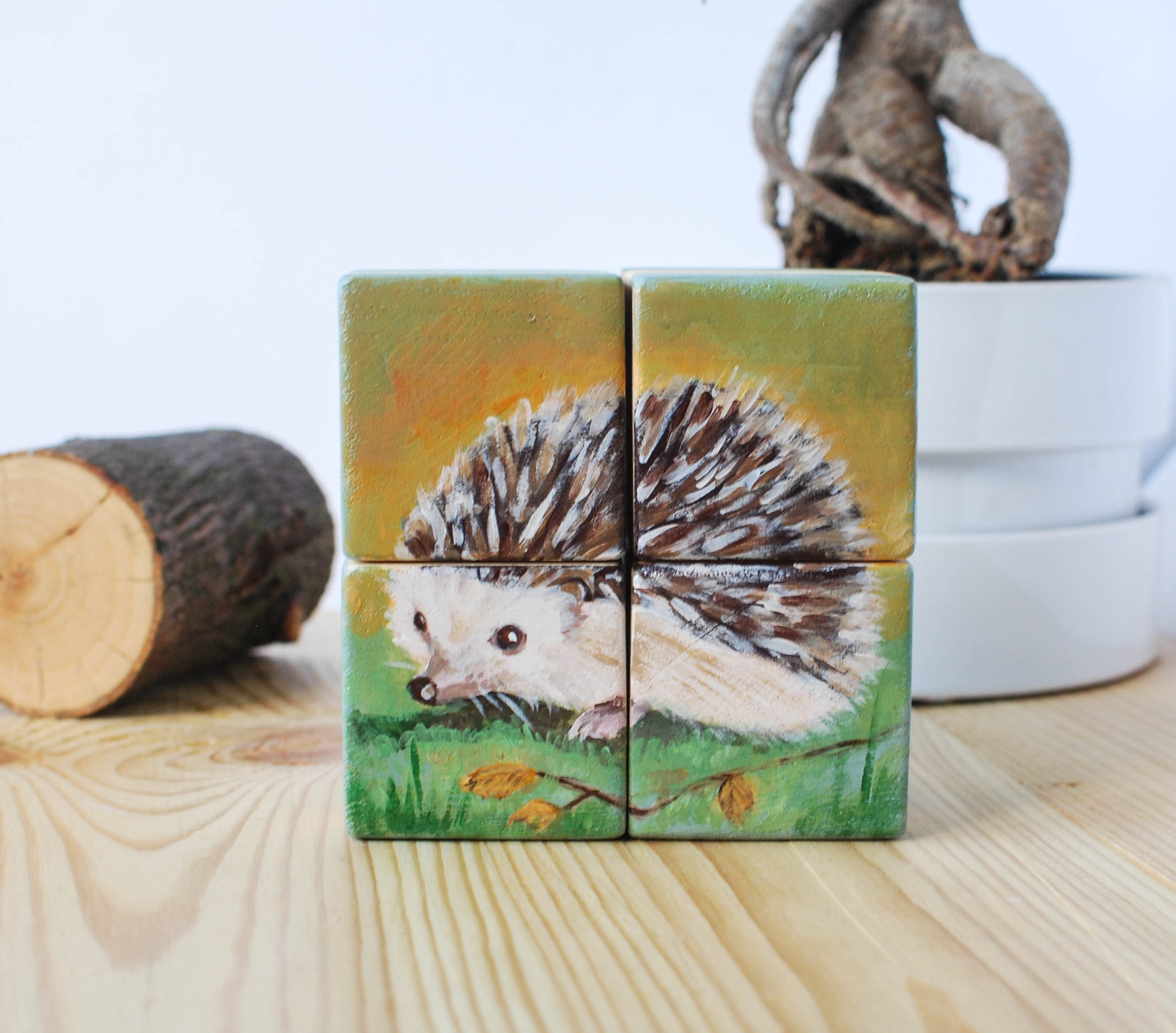 Painted Hedgehog Puzzle Blocks // Wooden Montessori Cube Toys Etsy