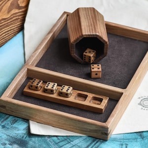 Wooden Yahtzee / Yatzy / Yamb / Kniffel Game Set – Dice Cup, Tray & Handcrafted Dice