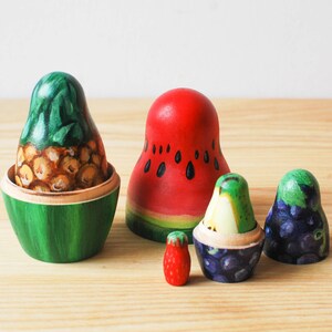 Fruity Matryoshka Toy // Hand Painted Watermelon Pineapple Nesting Toy for Kids // Fruit Russian Dolls / Wood image 2