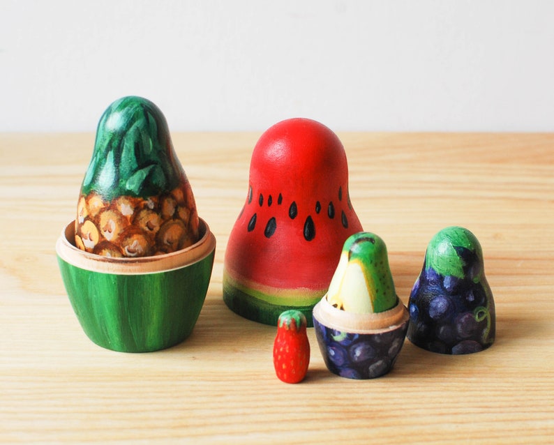 Fruity Matryoshka Toy // Hand Painted Watermelon Pineapple Nesting Toy for Kids // Fruit Russian Dolls / Wood image 2