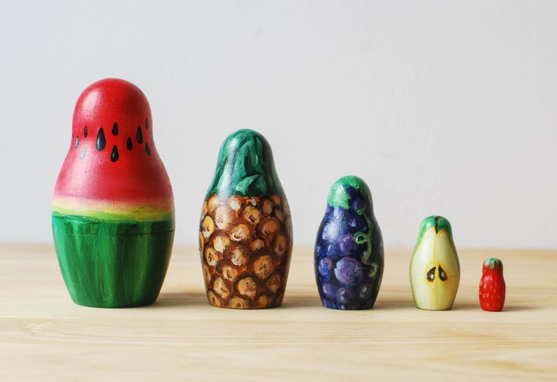 Fruity Matryoshka Toy // Hand Painted Watermelon Pineapple Nesting Toy for Kids // Fruit Russian Dolls / Wood image 3