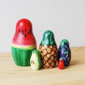 Fruity Matryoshka Toy // Hand Painted Watermelon Pineapple Nesting Toy for Kids // Fruit Russian Dolls / Wood image 5