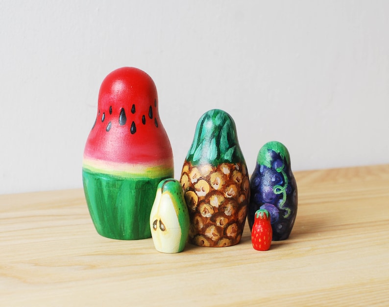 Fruity Matryoshka Toy // Hand Painted Watermelon Pineapple Nesting Toy for Kids // Fruit Russian Dolls / Wood image 5