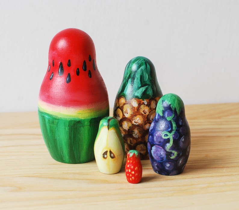 Fruity Matryoshka Toy // Hand Painted Watermelon Pineapple Nesting Toy for Kids // Fruit Russian Dolls / Wood image 1