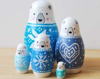 White Bear Family Matryoshka Toy // Hand Painted Winter Christmas Nesting Toy for Kids // Mind Puzzles for Children / Wood