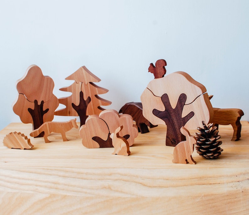 Set of Wooden Trees // Figures to Play // Natural Wood Toy // Forest Tree Puzzles image 1