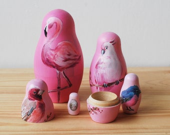 Pink Birdy Matryoshka Toy // Hand Painted Bird Nesting Toy for Kids // Mind Puzzles for Children / Wood