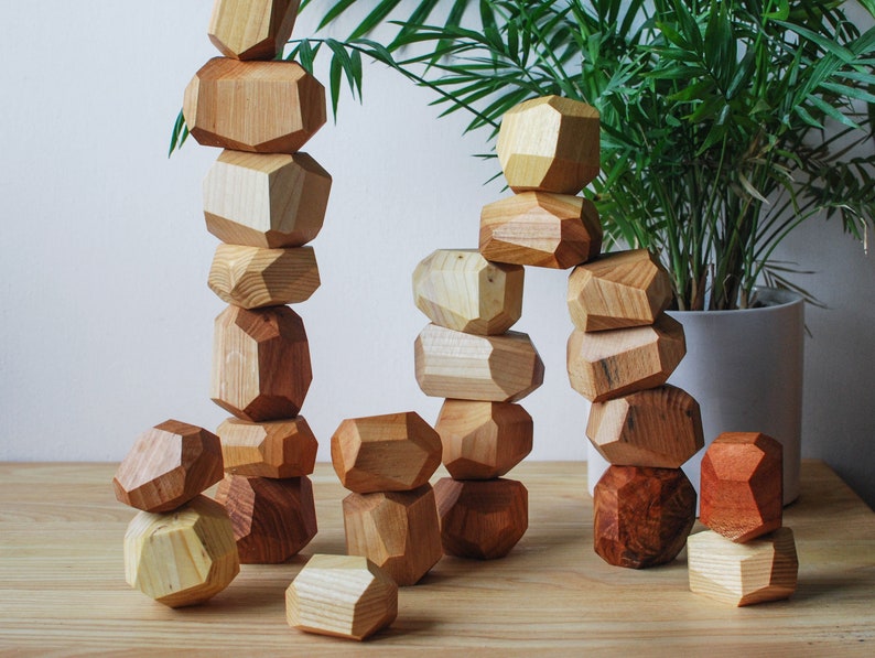 Light Wood Balancing Stones // Light Wood Rocks // Wood Stones // Pile of Wood Stones // Montessori Toy image 2