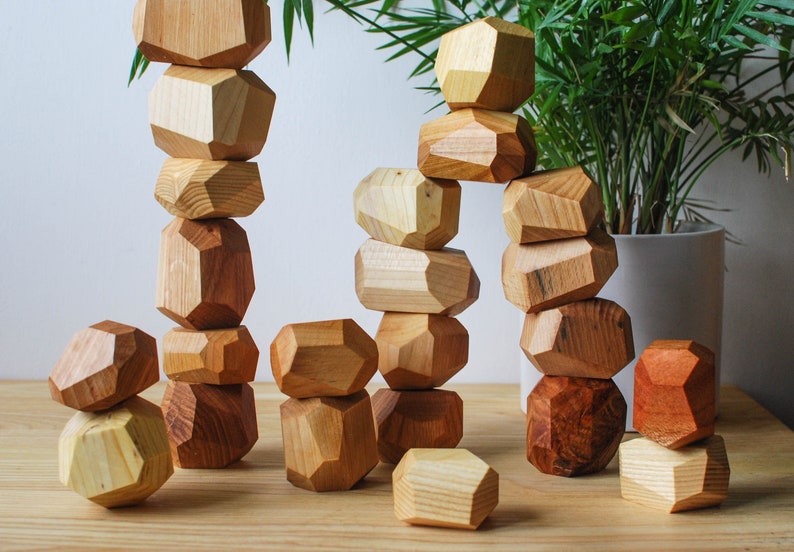 Light Wood Balancing Stones // Light Wood Rocks // Wood Stones // Pile of Wood Stones // Montessori Toy image 1