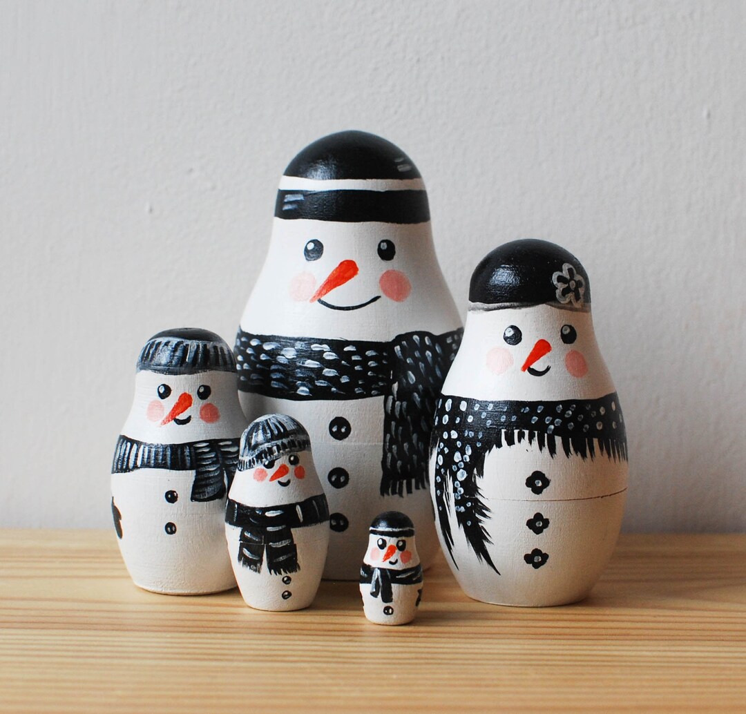 Snowman Family Matrioshka Toy // Black and White Hand Painted Etsy