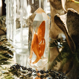 Getrocknete orange Lorbeerblätter in Harz Crystal Point | Konservierte Natur Gartenkristall | Herbarbelege | Epoxy Kristall Terrarium Specimen