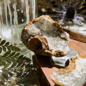 May include: Two rough-cut quartz stones with a brown and white color scheme. The stones are resting on a wooden surface, with a small, round, silver-colored object between them. A clear glass jar and a fern are in the background.