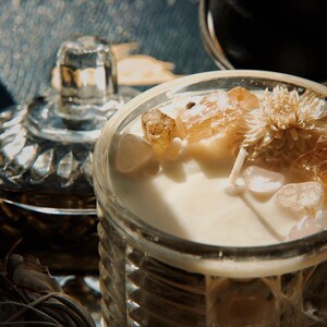 Crystal Intention Candle | Peaches and Cream Crystal Candle | Crystal Infused Altar Candle | Cleansing Candle | Container Candle with Lid