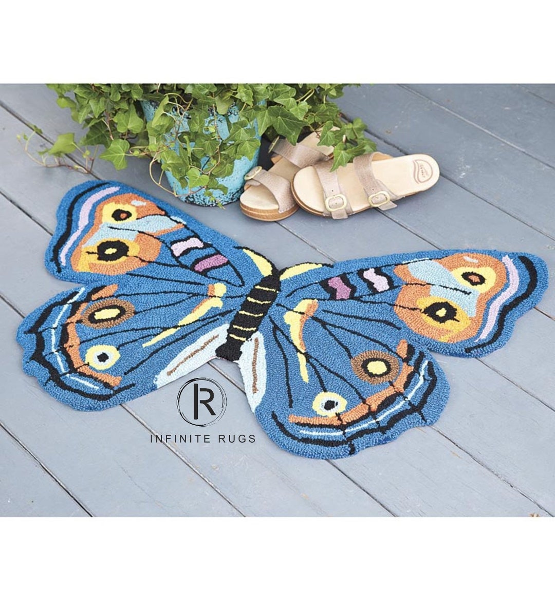 Butterfly Shaped Washable Hooked Accent Rug Blue, Green, Red for Kids