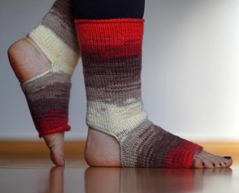 Wife Gift Open Heel Turn Ombre Yoga Socks Mid-Calf Athletic Socks Hand Knit Gym Socks Knitted Variegated Red Ivory Toeless Socks