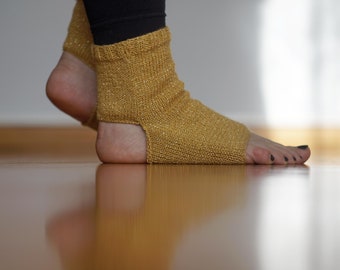 Mustard Yellow Sparkling Yoga Socks, Toeless Open Turn Heel Dance Socks, Girlfriend Gift, Knitted Wool and Acrylic Gym Socks, Gift For Her