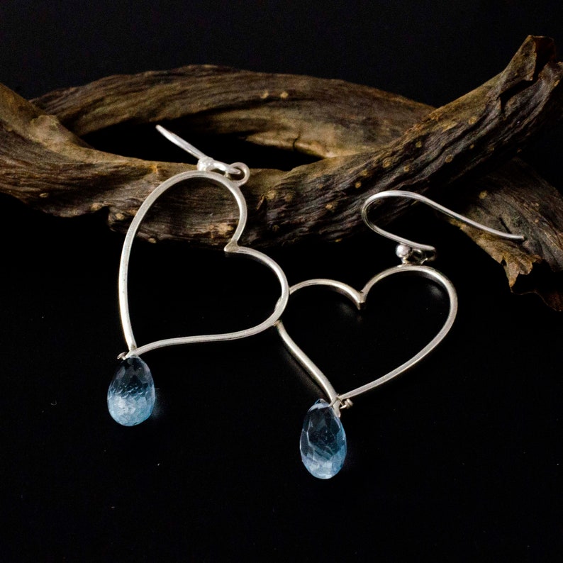 Blue Gemstone Earrings Couple Gifts Dangling Earring Swiss Blue TOPAZ HEART SHAPED Earrings 92.5 Sterling Silver Heart Shape Jewelry