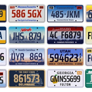 May include: A collection of 12 vintage-style license plates from different US states. Each plate features a unique design and state name, including "New York", "Massachusetts", "Connecticut", "Nevada", "Pennsylvania", "Nebraska", "Idaho", "New Jersey", "Hawaii", "South Carolina", "Utah", "Virginia", "Washington", "Delaware", "Georgia", and "Vermont".