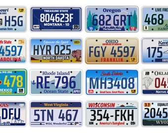 May include: A collection of 12 vintage-style license plates from different US states. Each plate features a unique design and state name, including "Missouri", "Montana", "Oregon", "New Hampshire", "North Carolina", "North Dakota", "Ohio", "Kentucky", "New Mexico", "Rhode Island", "South Dakota", "Oklahoma", "Texas", "West Virginia", "Wisconsin", and "Wyoming".