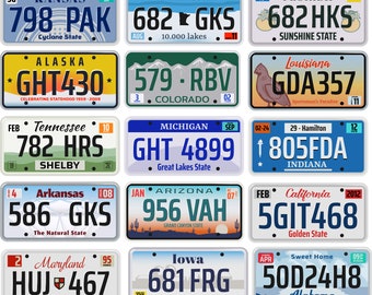 May include: A collection of 15 vintage-style license plates from different US states. Each plate features a unique design and state motto, such as "Cyclone State" for Kansas, "Sunshine State" for Florida, and "Golden State" for California.