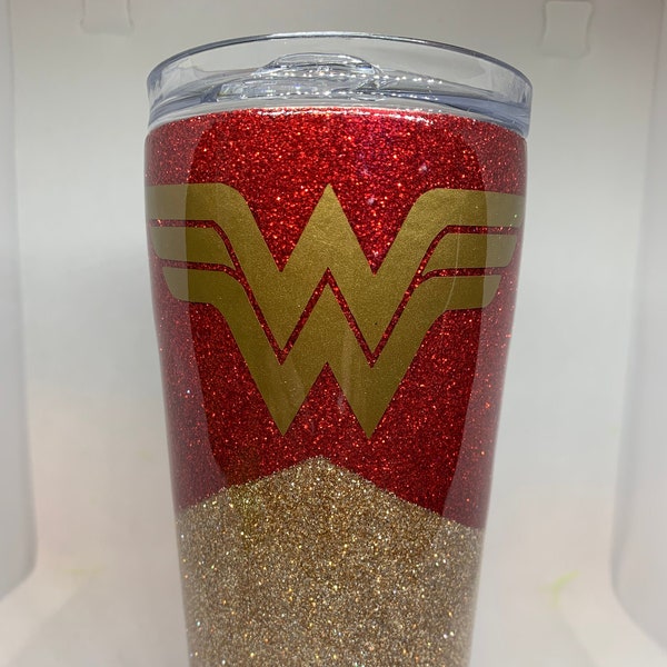 Personalized Custom Super Hero Wonder Woman Inspired Glitter Epoxy Stainless Steel Tumbler Cup