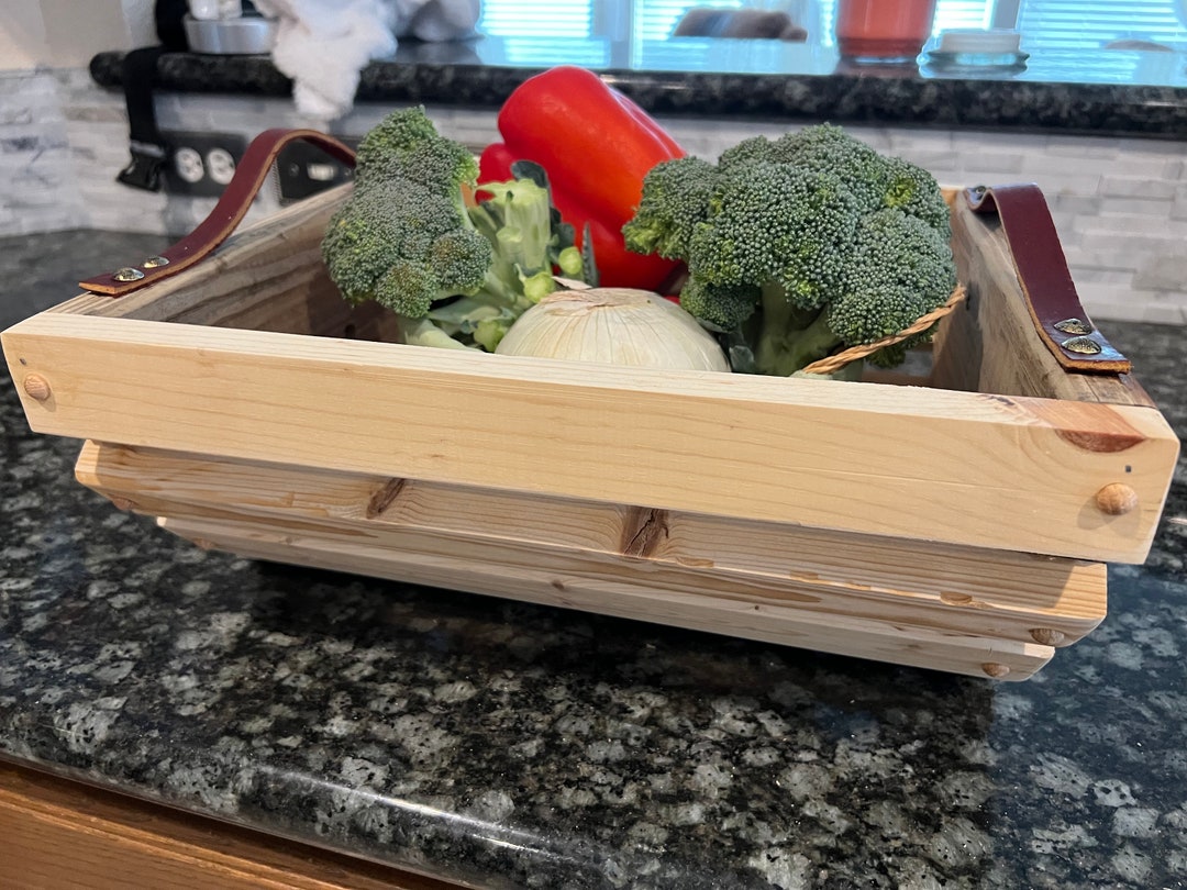 Wooden Garden Basket With Leather Handles and Button Plugs Etsy