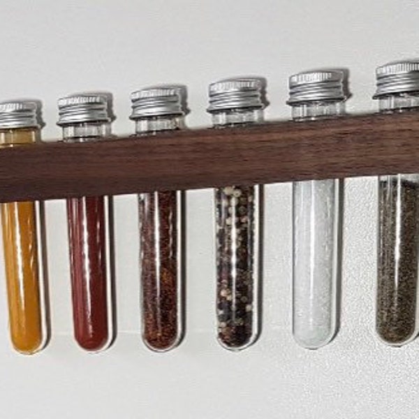 Stylish and Practical Labeled Tube Spice Rack. No hole needed to mount this rack