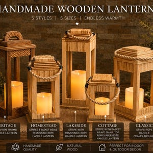 May include: Five wooden lanterns labelled Heritage, Homestead, Lakeside, Cottage, and Classic. Each lantern features a light-coloured wood frame, a square base, and a glowing pillar candle inside. Some include rope handles and textured wood patterns.