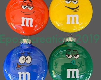 M and M, M&M (3 or 4 in diameter) Christmas Ornaments. Fast Shipping