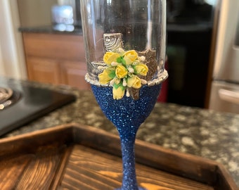 Yellow Rose of Texas and blue glitter Wine / champayne glasses set of two