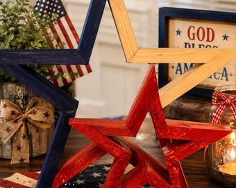 Handmade Patriotic Wooden Star Decor | Rustic Farmhouse Independence Day Decorations | Red White Blue Americana Shelf Decor