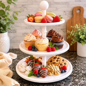 Pode incluir: Um suporte de três níveis branco exibindo uma variedade de sobremesas. O nível superior contém macarons coloridos e morangos. O nível médio apresenta cupcakes com cobertura e frutas vermelhas. O nível inferior contém morangos cobertos com chocolate, biscoitos e pequenos doces.