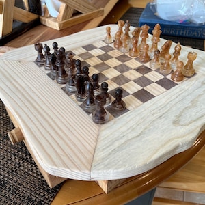 Handmade Wood / Epoxy Rustic Chessboard with storage drawers for game pieces