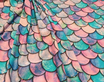 Mermaid scales, fish scales on cotton jersey BACK!! , turquoise-pink- 0.5 m
