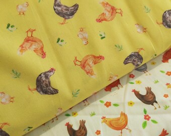 May include: Two fabrics with a repeating pattern of chickens and chicks. One fabric is yellow, the other is white. The chickens are in various colors, including brown, orange, and gray. Green leaves and small flowers are also scattered across the fabric.
