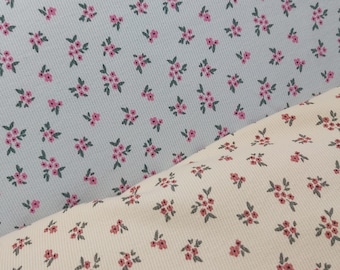 Rib Jersey, Baumwoll Jersey mit Rippe, hellbeige und hellbau mit Streublümchen, Blumen - 0,5mtr