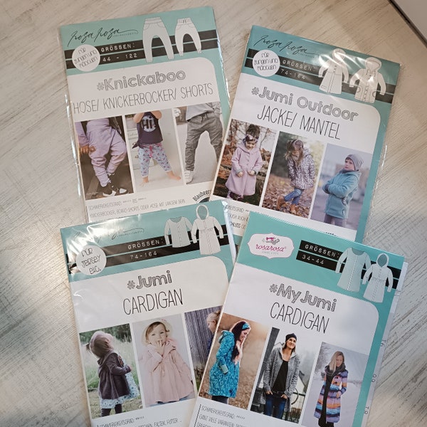 4 Papierschnittmuster von Rosarosa Jumi Jacke und Mantel, Jumi Outdoor, MyJumi Cardigan, Knickaboo/ Knickerbocker-Hose/Shorts