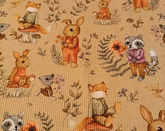 Forrest Friends- Ribbed jersey with forest animals by QjuTie with striped cotton jersey by Miss by Julie - 0,5mtr
