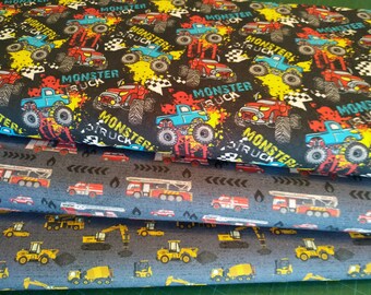 100% cotton woven fabric with monster trucks, fire brigade and construction site 0.5mtr