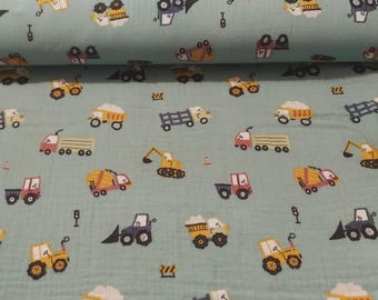 Musselin, Gauze salbeigrün mit Fahrzeugen, Autos, LKW, Bagger, 100% Baumwolle - 0,5mtr