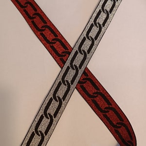 Soft elastic band with chain links, 25 mm wide, in black-silver and black-red glitter, for trousers and skirt waistbands - 100 cm